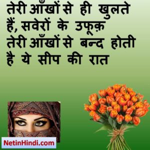 hindi Aankhon par status, status in hindi for Aankhon par तेरी आँखों से ही खुलते हैं, सवेरों के उफूक़(क्षितिज)  तेरी आँखों से बन्द होती है ये सीप की रात